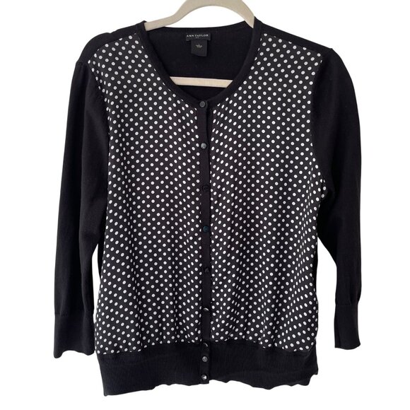 Ann Taylor Black & White Polka Dot Button-Down Cardigan Womens L Office Casual - Picture 1 of 7